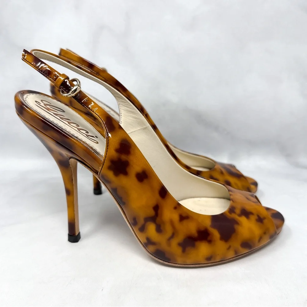 GUCCI Vintage Y2K Tortoise Patent Leather Platform Slingback Pump Heels Glam 5.5 - Picture 2 of 16
